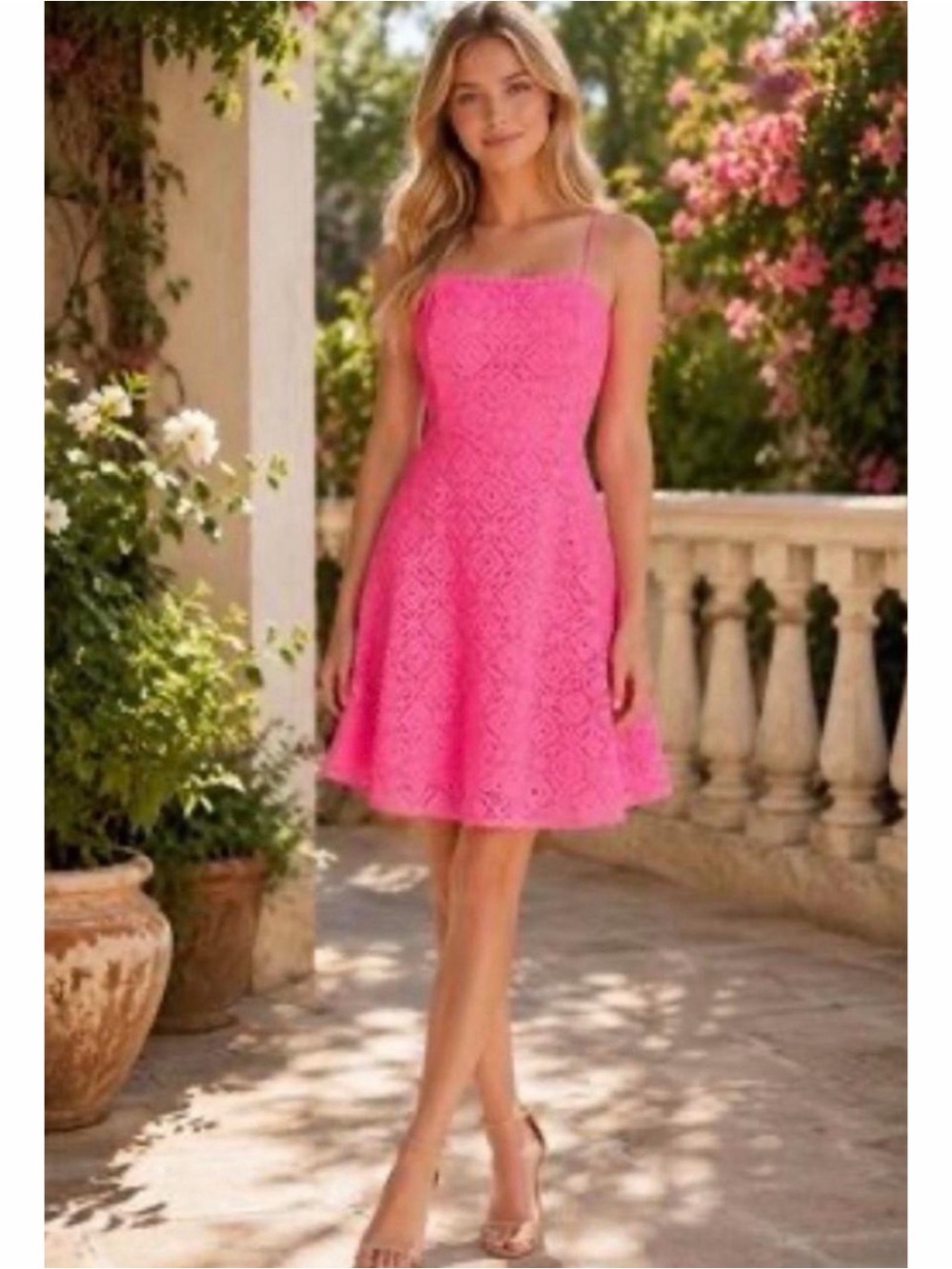 Lilly Pulitzer Neon Pink Jennilee Trellis Lace Spaghetti Strap Dress Medium